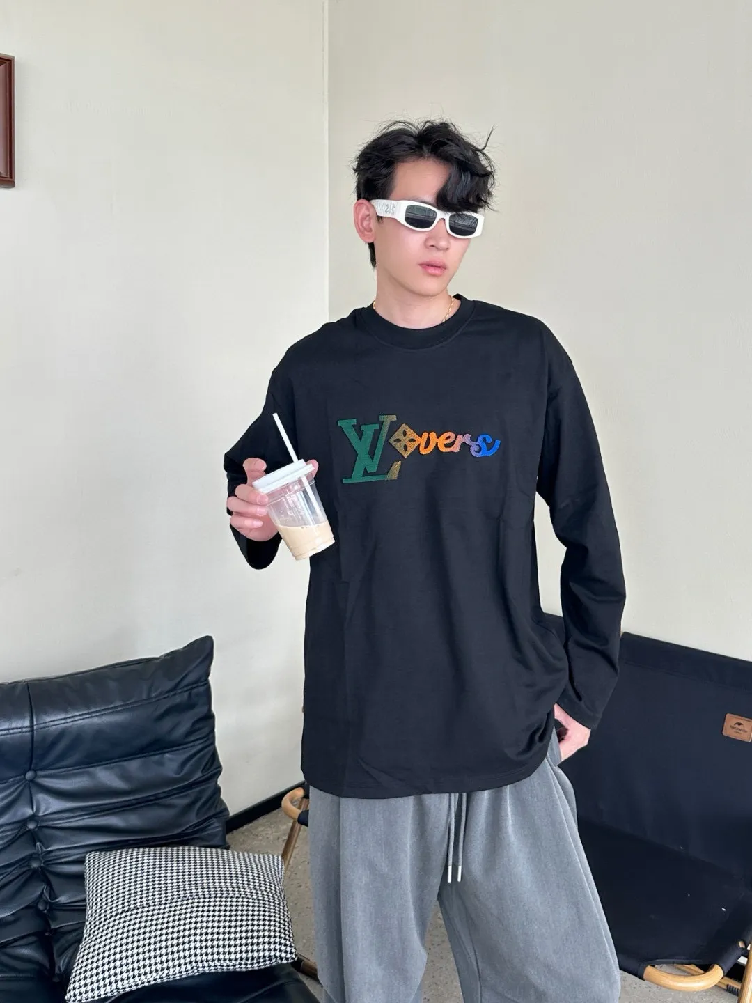 Louis Vuitton/Louis Vuitton 25Fw color gradient logo toothbrush sleeve long-sleeved T-shirt